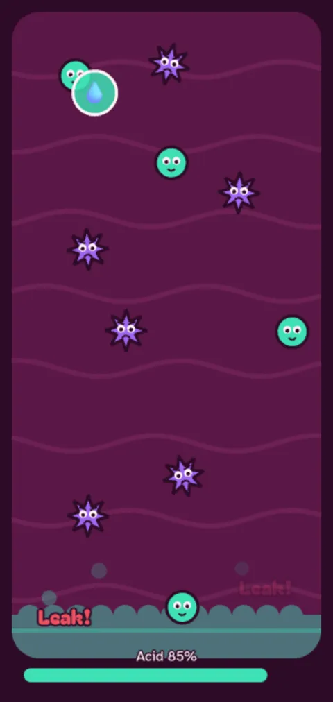 Acid Attack: spiky purple germs and round mint ones drifting down the stomach.