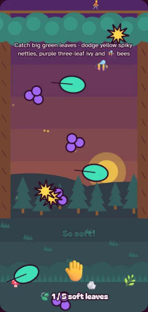 Leaf Picker: a hand catching soft leaves in a forest at sunset, dodging bees.